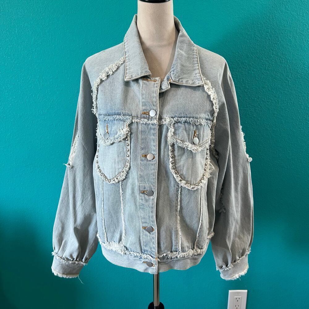POL Distressed Denim Jacket American Flag Patriotic Sequence Americana Size S